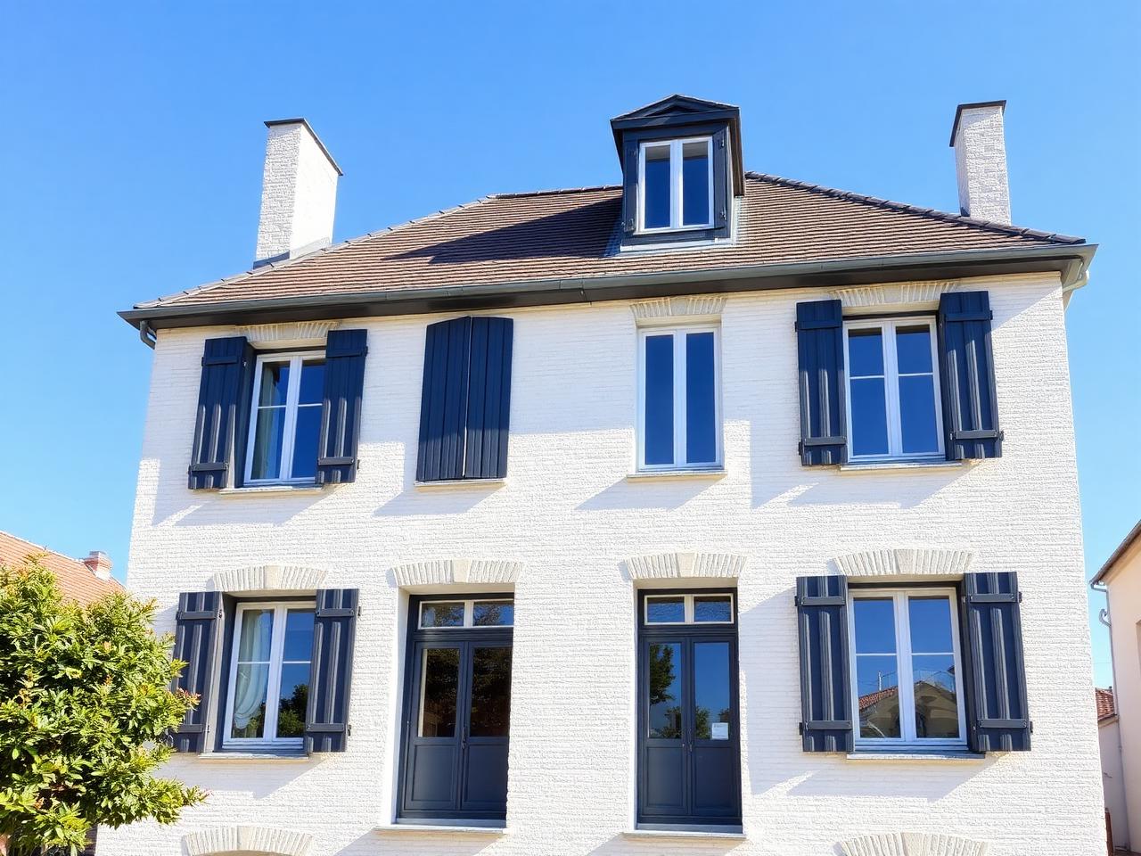 Façade rénovée avec crépi blanc et volets neufs