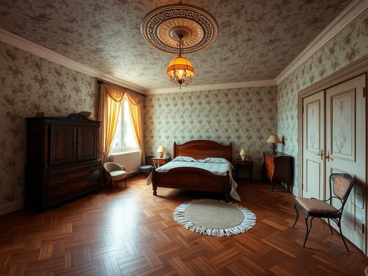 Chambre vieillotte avec tapisserie à fleurs
